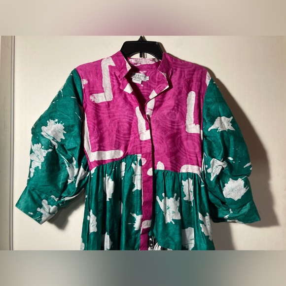 Busayo Tayo Mixed Batik Colors Midi Dress Puff Sleeves Pockets Size Small - Picture 7 of 16